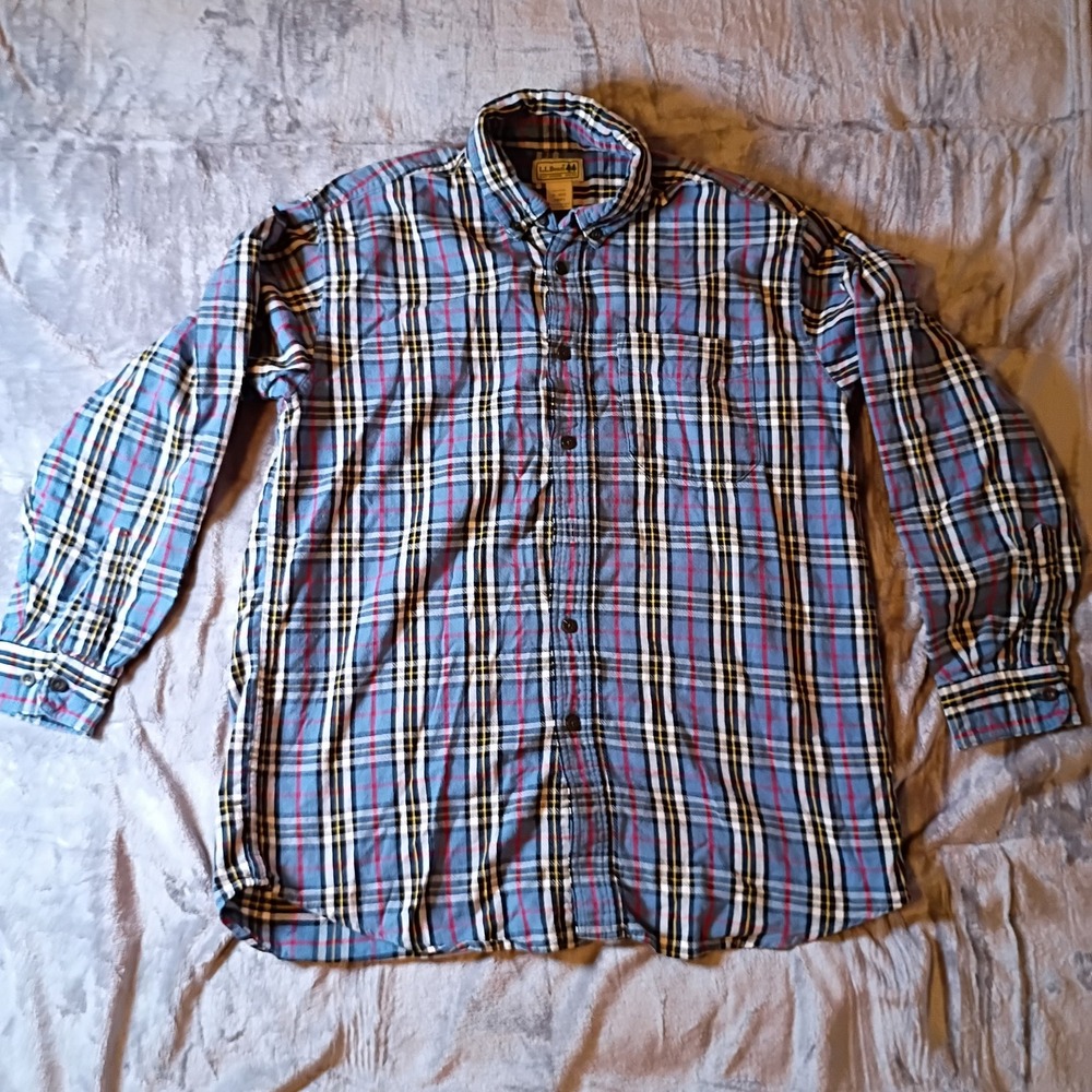 LL Bean Mens‎ Flannel Shirt Medium Blue Red Plaid Long Sleeve Button Down 0BHF4